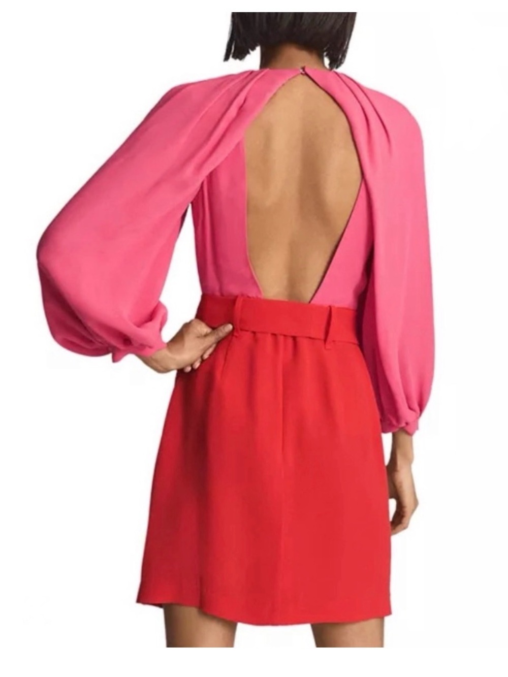 Reiss Two-Tone Pink and Red Long-Sleeve Belted Dress - Picture 2 of 7